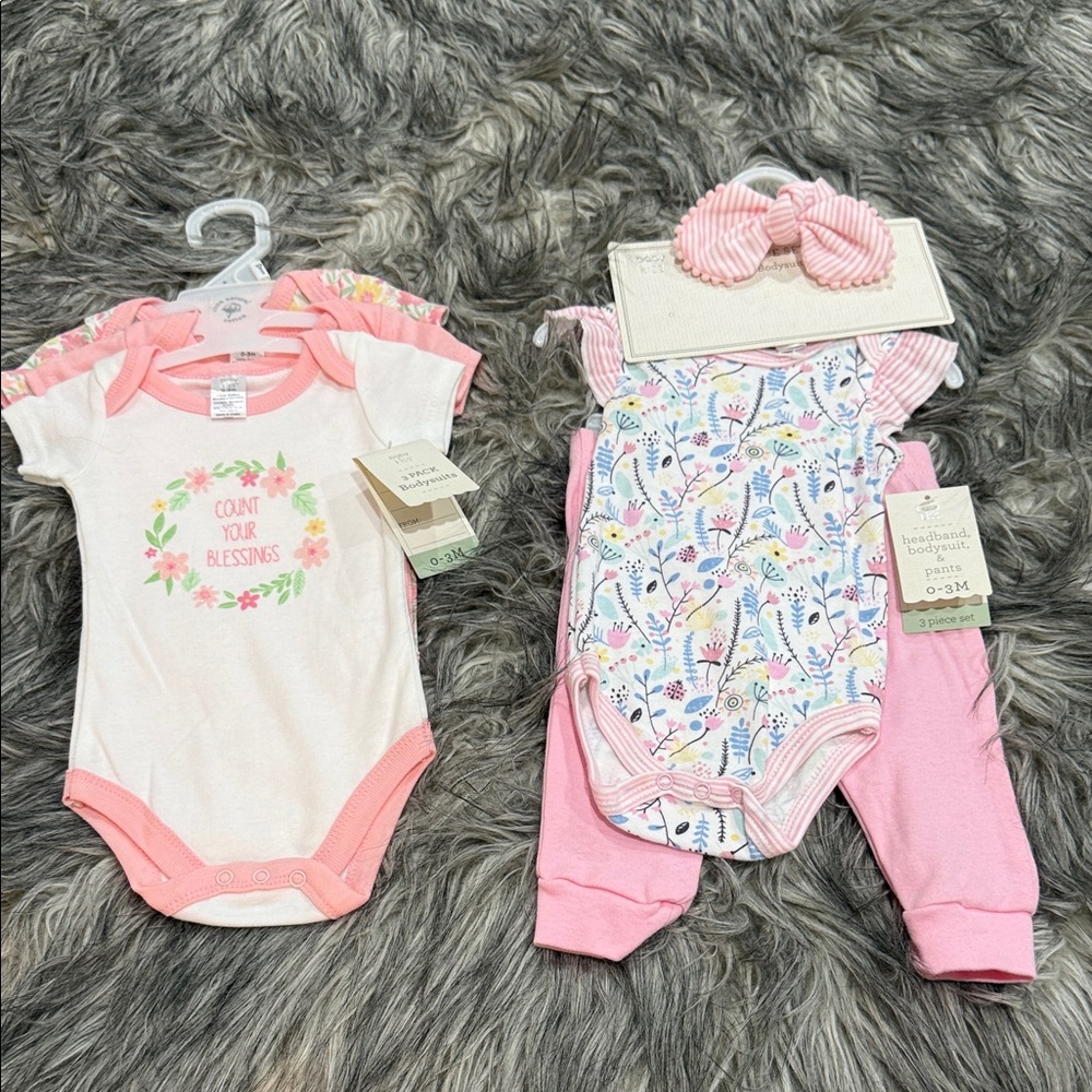 Baby Kiss Floral and Pink Baby Bodysuit Set & 3 Pack of onesie’s.